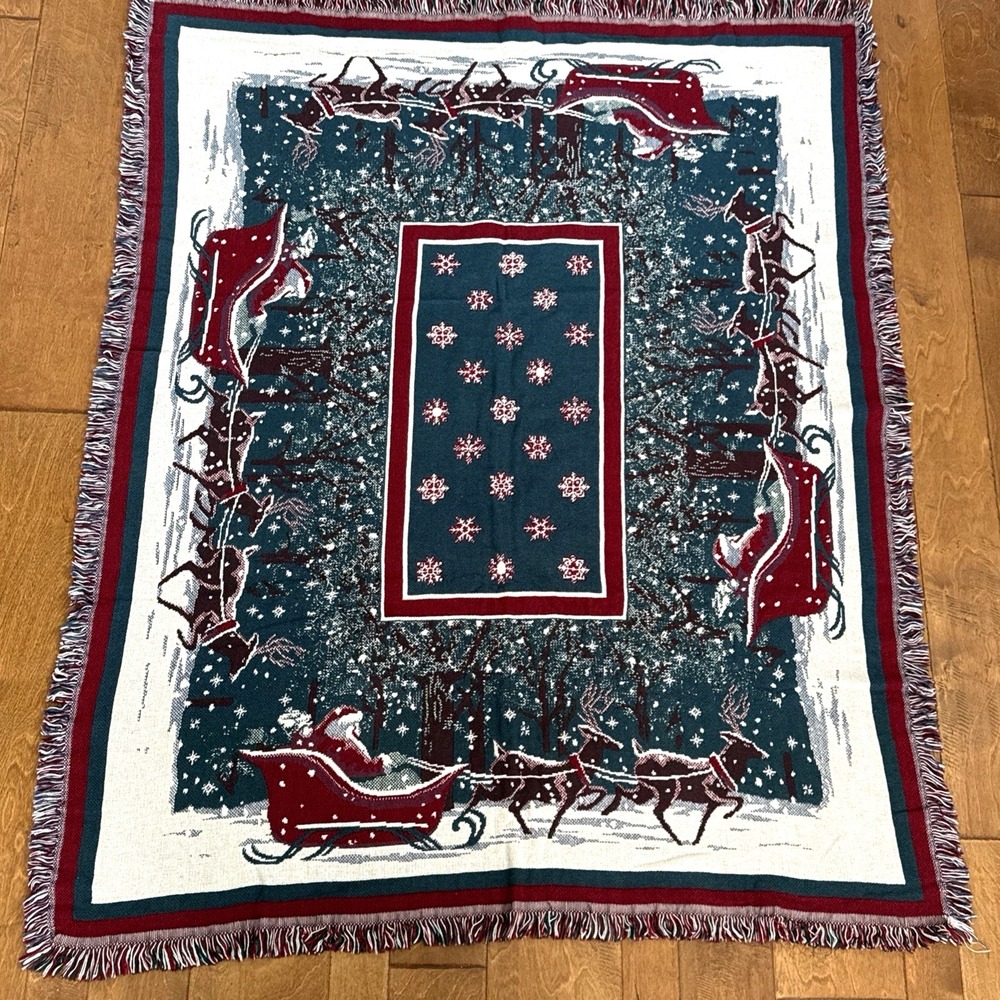Vintage‎ Christmas Tapestry Throw Blanket Santa Goodwin Weavers 100% Cotton USA